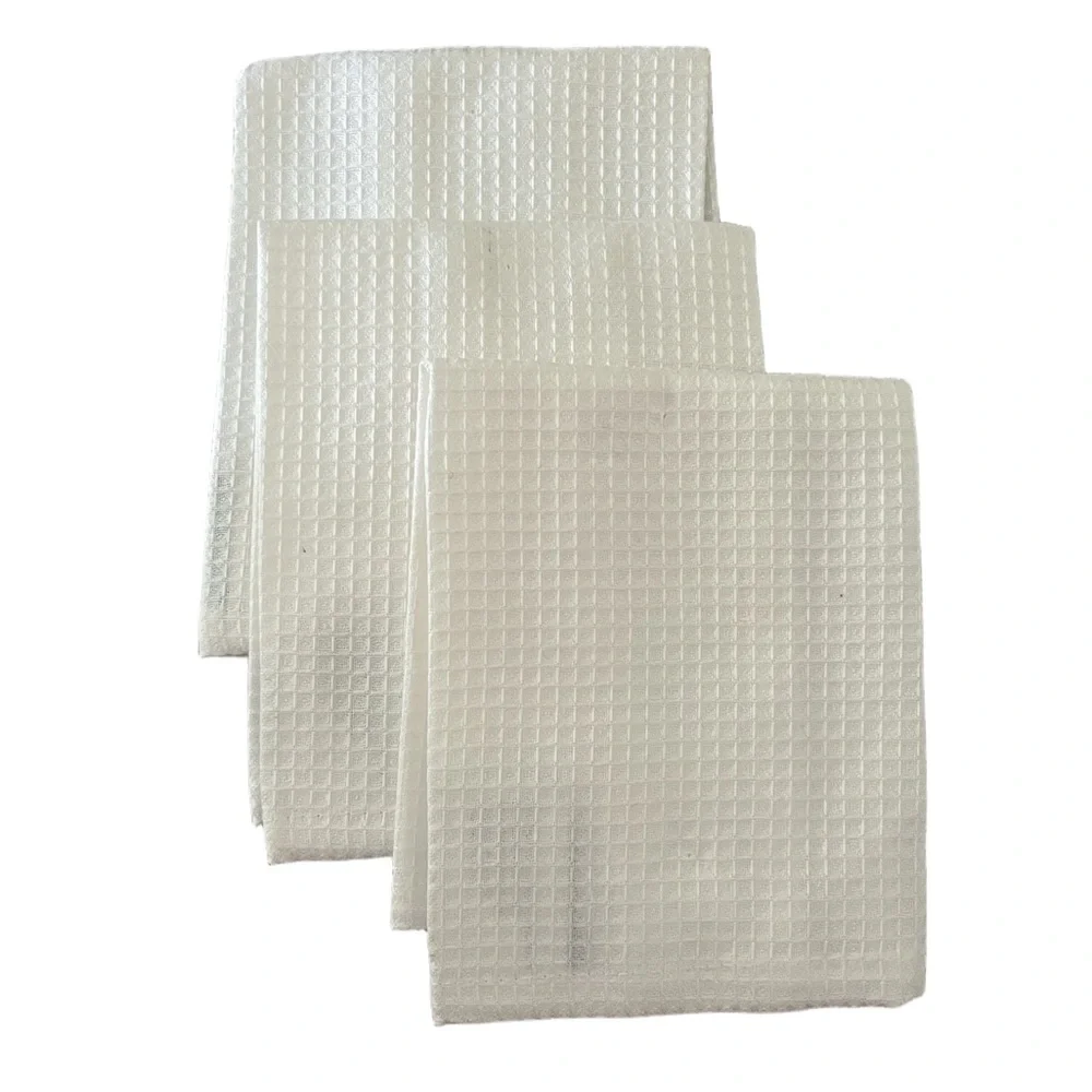 Set of Two White Waffle Weave Kitchen Towels and Three Dishclothes